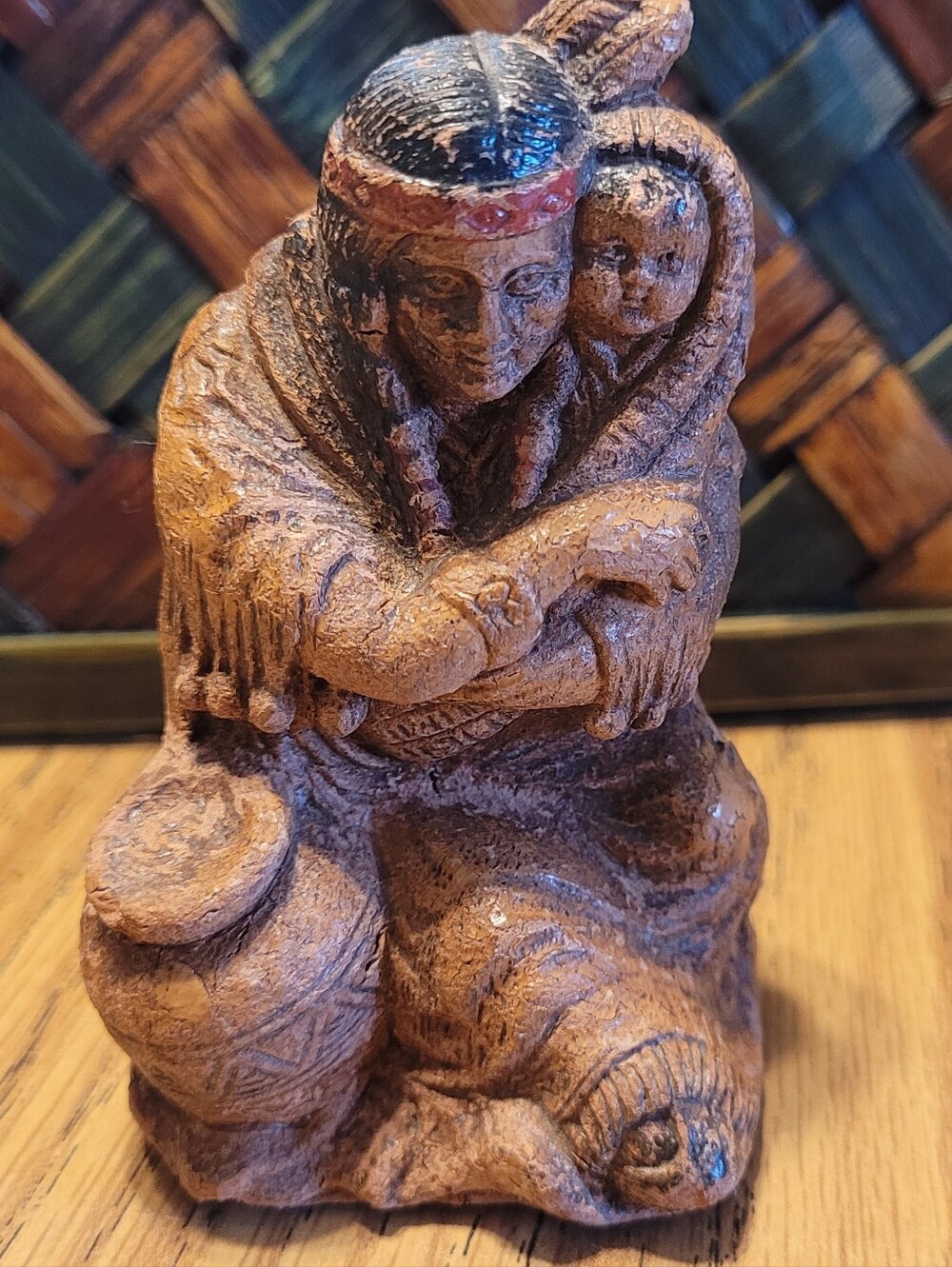 Handcrafted Brown Native-Inspired Mother and Child Sculpture